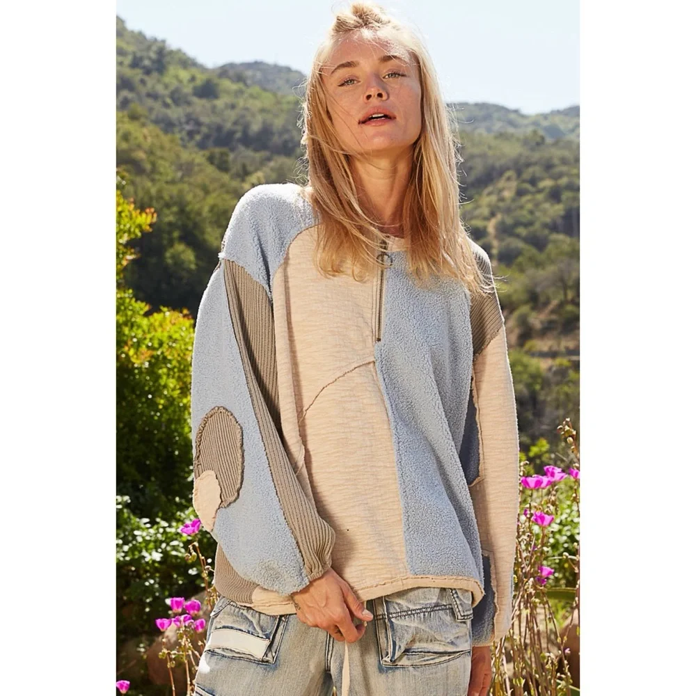 POL Blue Colorblock Mixed Fabric Pullover | Fleece Thermal Knit Top